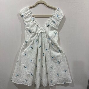 Doe and Rae White Blue Floral Eyelet Embroidered Babydoll Mini Dress Small